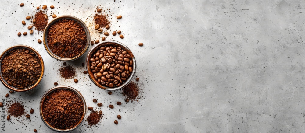 Poster top view of roasted beans with ground coffee in bowls on light gray concrete background with copy sp