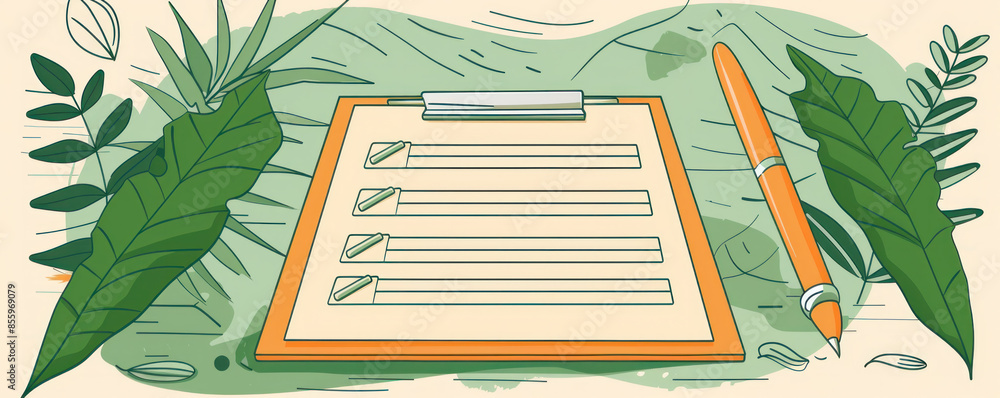 Aufkleber a clipboard with a pen on it. the clipboard has a list of questions and the pen is on top of it
