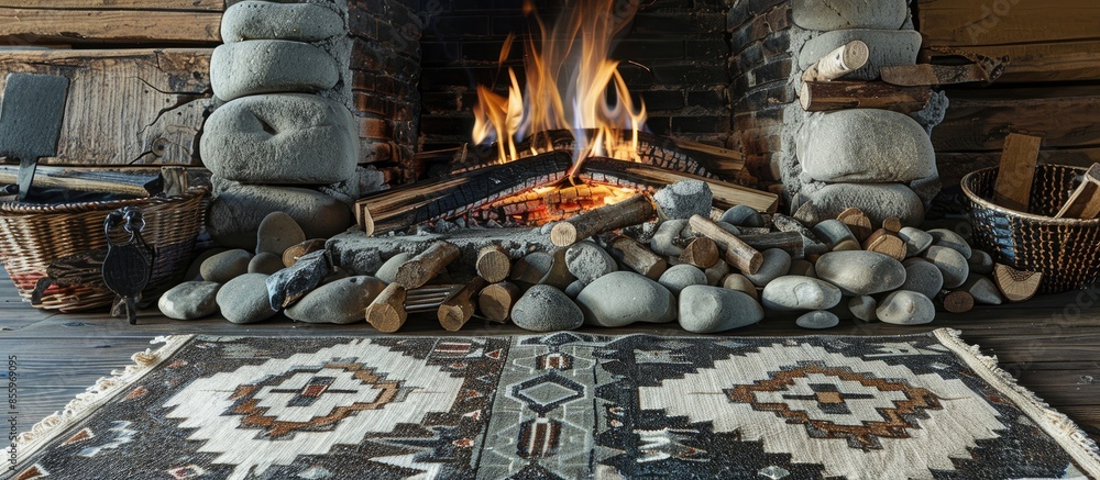 Poster Fireplace setting with logs, tools and patterned rug. . Copy space image. Place for adding text and design