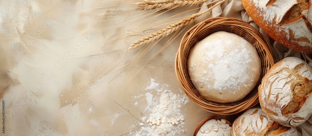 Poster bread dough and ingredients resting in basket on table. copy space image. place for adding text and 