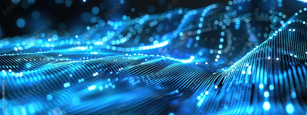 Poster futuristic wave of blue dots for advanced digital data processing concept