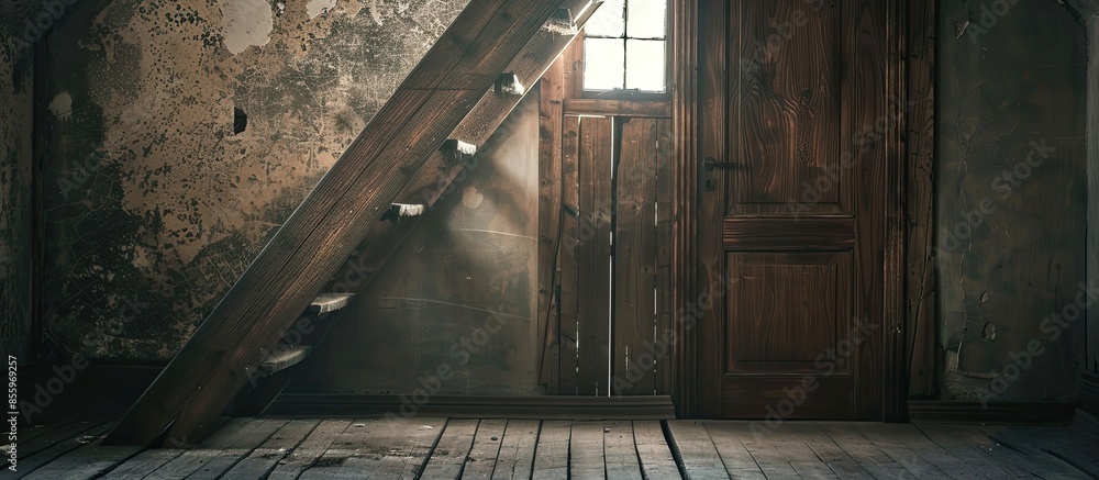 Aufkleber wooden door to the old attic inside. copy space image. place for adding text and design