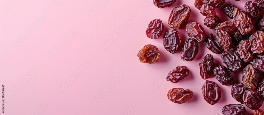 Poster dried raisins isolated on pastel background food isolated. copy space image. place for adding text a
