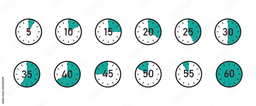 Poster countdown timer symbol set, stopwatch icons set with different time. timer, clock, label cooking tim