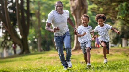 Father Running With His Children At A Park In Daylight, Smiling, Father's Day