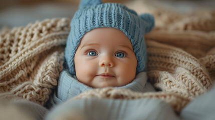 Adorable Baby in Blue Knit Hat and Blanket, Cozy and Warm, Close-Up Portrait with Soft Lighting