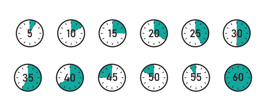 Countdown Timer Symbol Set,  stopwatch icons set with different time. Timer, clock,  Label cooking time.. Sport, cooking, test, exam, competition, measurement stopwatch vector illustration.