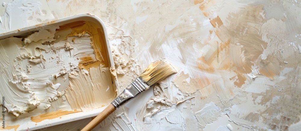 Poster tray with remnants of beige paint and paintbrush. on a surface painted in white and beige. copy spac