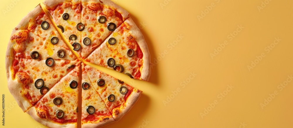 Poster sliced pizza with olives isolated on pastel background. copy space image. place for adding text and 