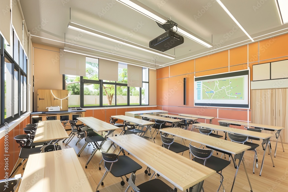 Fototapete A modern and inviting classroom with interactive panels and AI assistants designed to enhance the learning experience for students. Generative AI