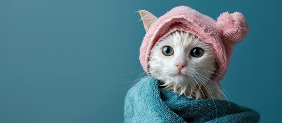 Funny wet white cat, after bathing, wrapped in a blue towel in a pink terry cap on his head. Copy space image. Place for adding text or design