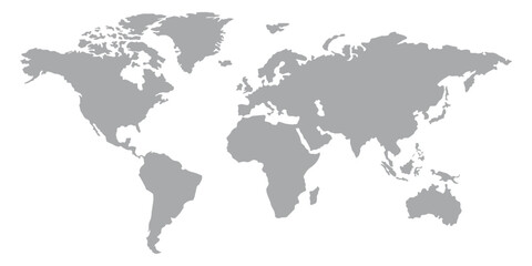 World map silhouette, gray and white, flat design, world map template, vector illustration.
