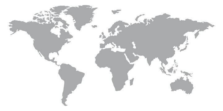 Fototapeta World map silhouette, gray and white, flat design, world map template, vector illustration.