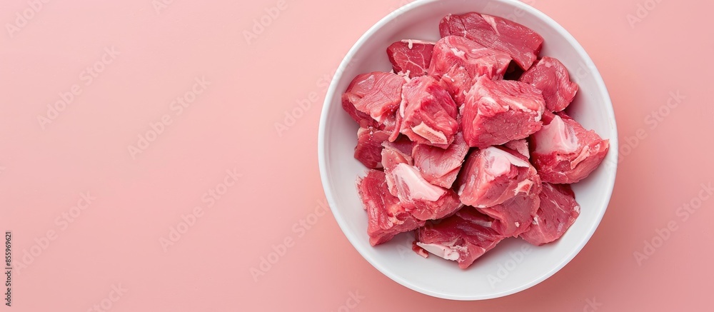 Poster raw meat ,raw meat in a bowl pastel background food. copy space image. place for adding text and des