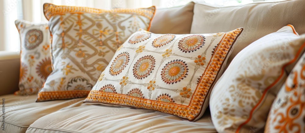 Poster u shaped pillows on the patterned cushion, natural light background. copy space image. place for add