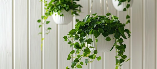 Fototapeta premium Two green plants hanging from shelf above toilet. Copy space image. Place for adding text and design