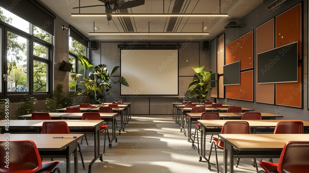 Poster a contemporary classroom or study space equipped with interactive panels and ai assistants, enhancin