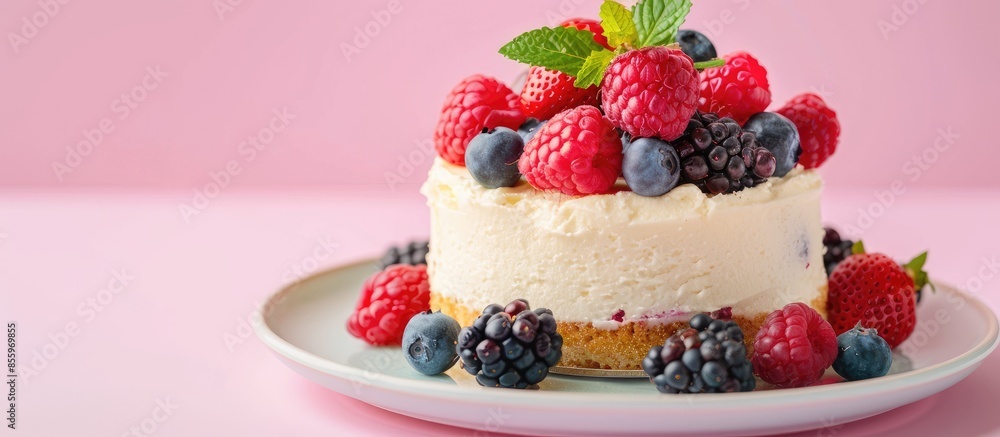 Poster cake with berries isolated on pastel background plate. copy space image. place for adding text and d