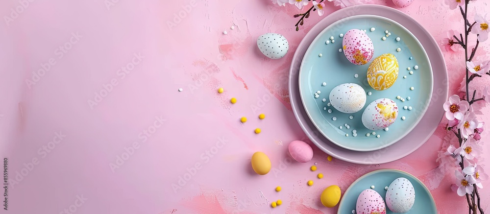 Poster festive easter table setting with painted eggs on color background, top view. space for text. copy s