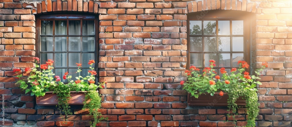 Poster wall brick background of home with windows space and flowers at windows. copy space image. place for