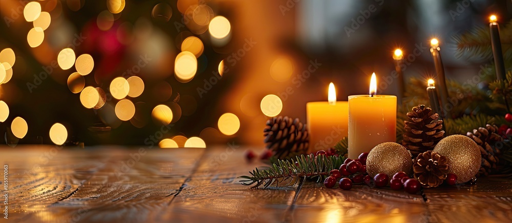 Aufkleber candles and christmas decoration on table over blurred evening lights background. copy space image. 
