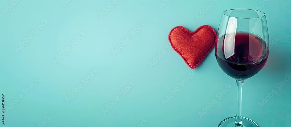 Poster red wine and heart, dating concept. pastel background. copy space image. place for adding text and d