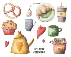 Cozy autumn elements hand painted set. Cold weather clipart collection