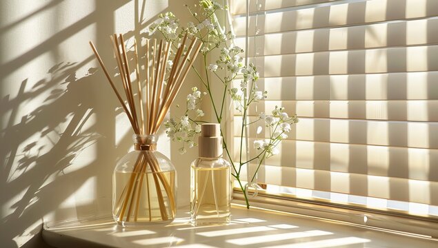 A home fragrance aroma diffuser with rattan sticks and a glass bottle, the aroma reed diffuser is on a light background