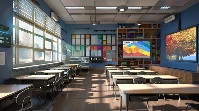 A contemporary classroom with interactive panels, AI assistants, and modern furniture, creating an inviting learning environment. Generative AI