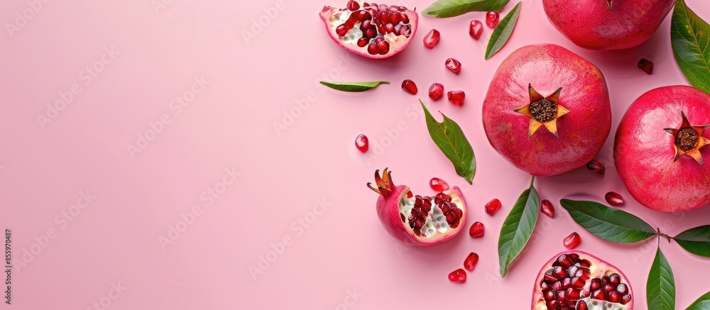 Poster pomegranate fruit pastel background design food isolated. copy space image. place for adding text an