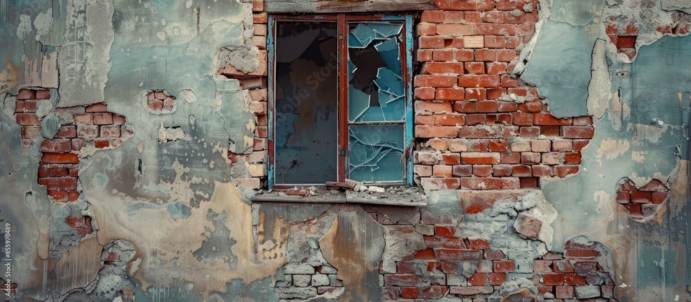 Aufkleber the wall of a destroyed house. red brick laying. the window is bricked up. copy space image. place f