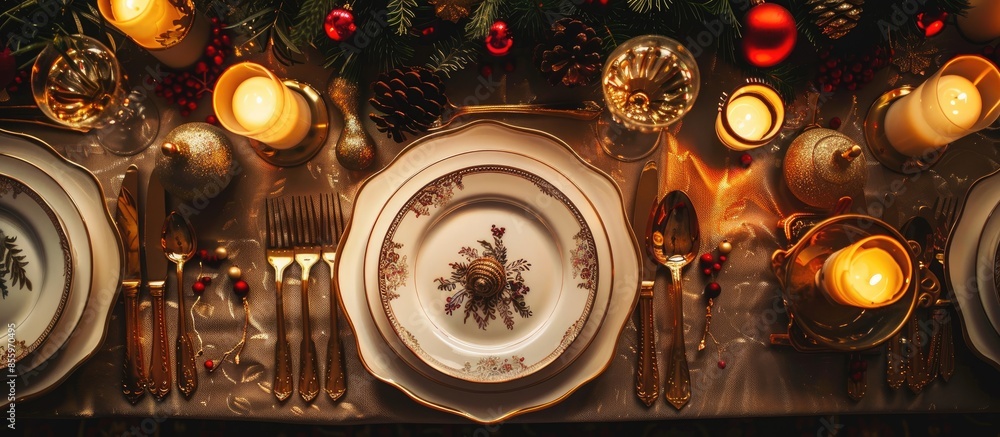 Poster formal table decor setting for holiday dinner, luxury tableware concept. copy space image. place for