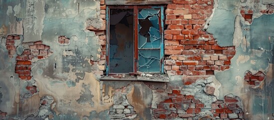 The wall of a destroyed house. Red brick laying. The window is bricked up. Copy space image. Place for adding text and design