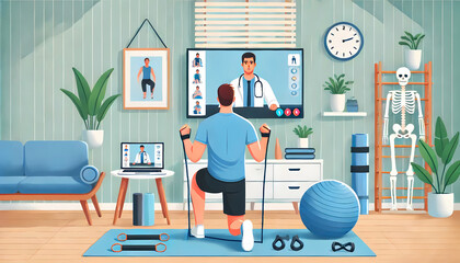 flat illustration of man participating in virtual physical therapy session, with therapist on screen and exercise equipment