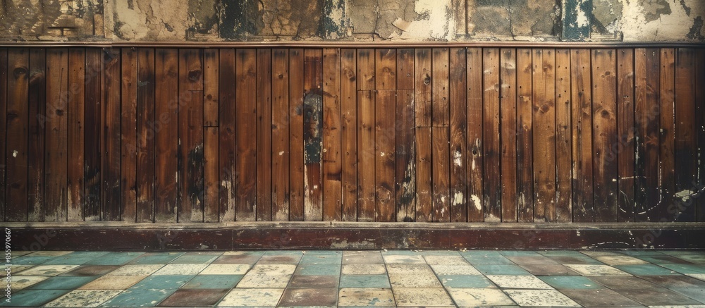 Poster old interior with wooden wall and tiled floor. copy space image. place for adding text and design