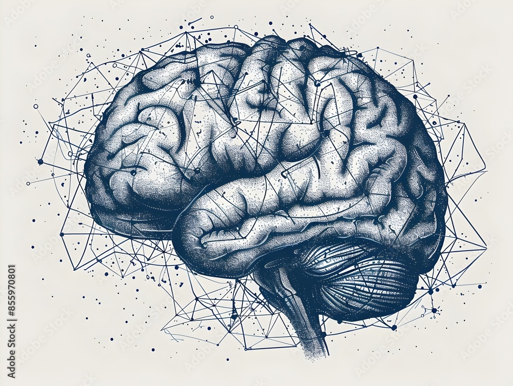 Poster intricate neural network of the cerebral brain representing complex thought processes and cognition