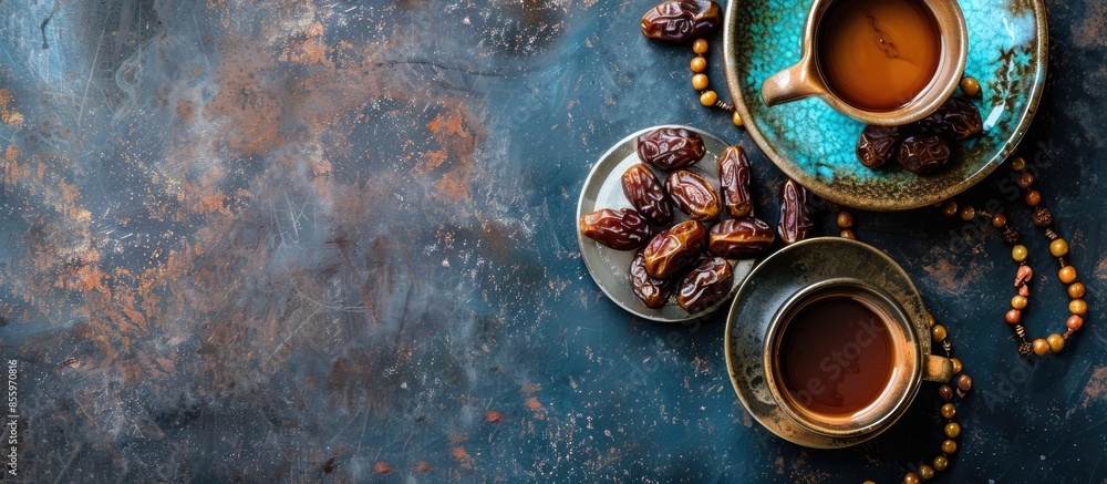 Poster ramadan dates with arabian coffee and rosary. copy space image. place for adding text or design