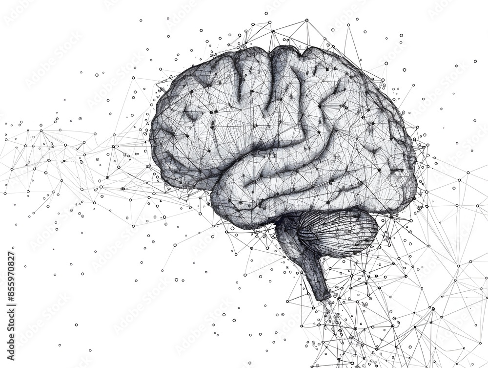 Poster detailed line art of a brain with neural connections representing complex thought processes and brai