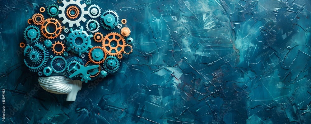 Poster interconnected gears and cogs symbolizing mechanical thinking and problem solving brain concept