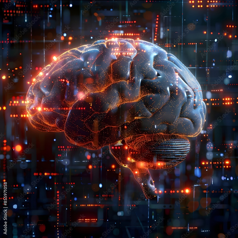 Poster futuristic brain with holographic elements representing advanced technology and artificial intellige