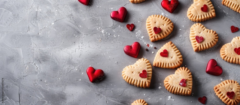 Poster ready heart-shaped shortbread cookies for valentine's day on the gray background. recipe step by ste