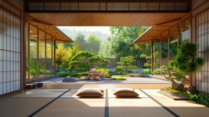 Sliding paper doors revealing an indoor zen garden