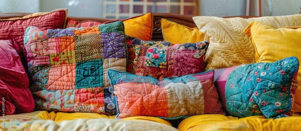 Poster creative colorful quilt pillow. art and craft idea. copy space image. place for adding text and desi