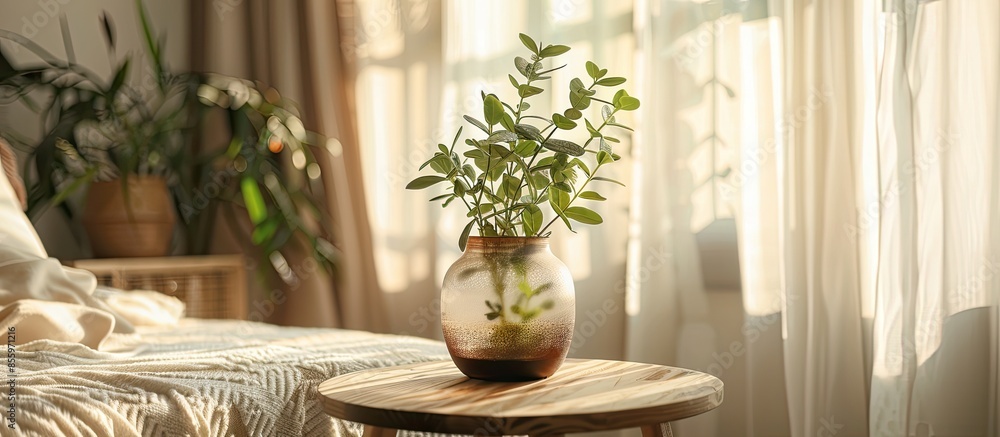 Poster plants in glass vase on wooden round table in bedroom at home. copy space image. place for adding te