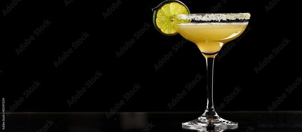 Poster margarita cocktail garnished with lime on a black background. copy space image. place for adding tex
