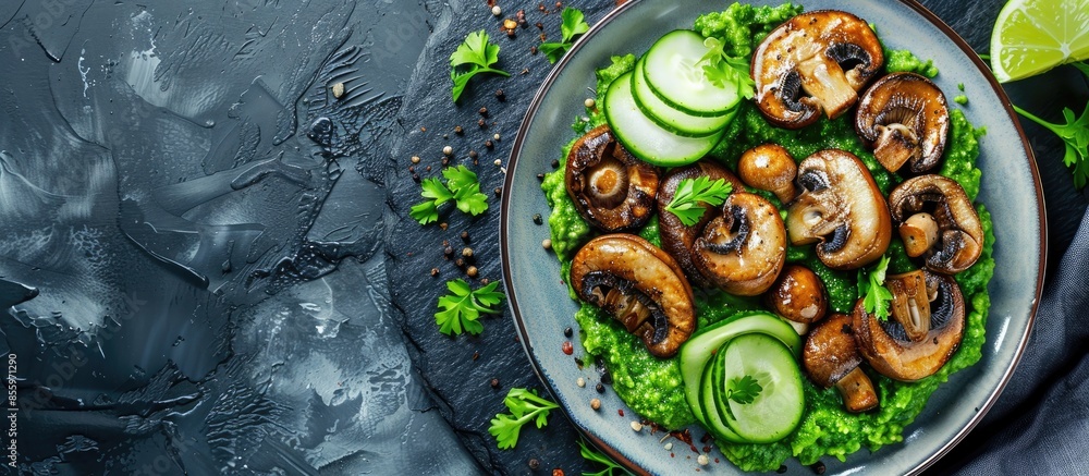 Poster fried mushrooms with green puree and cucumber slice top view with copy space. vegetarian food recipe