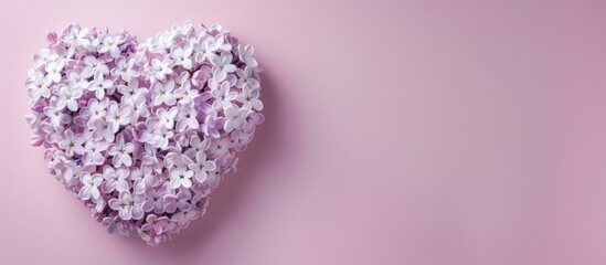 Obraz premium white heart decorated with lilac flowers on pink background. Card for Valentine's day, mother's day, women's day with love. Copy space image. Place for adding text and design
