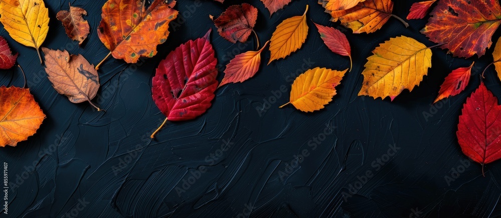 Poster colorful various autumn fallen leaves on a dark black background. seasonal background and texture. t