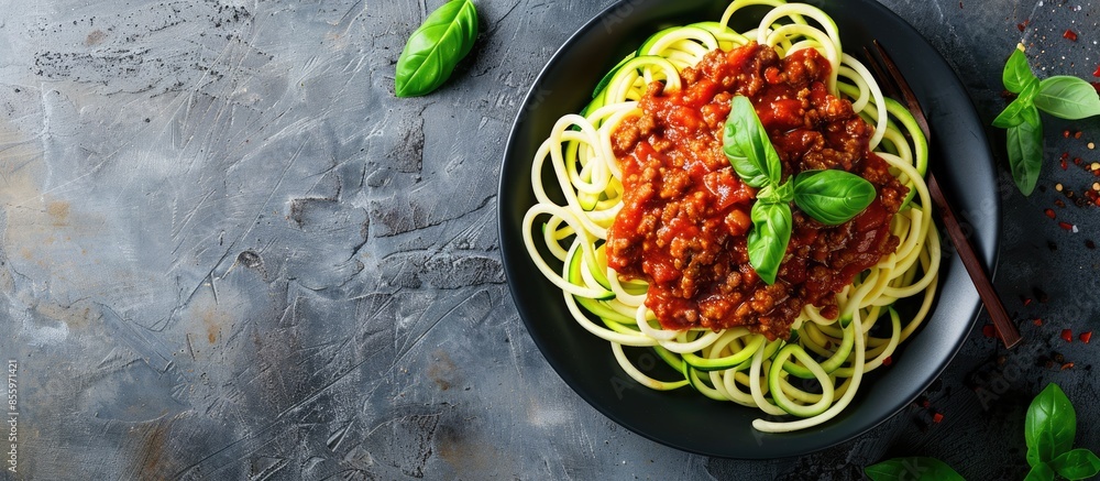 Poster homemade zucchini spaghetti with vegan bolognese sauce made with textured soy. copy space image. pla