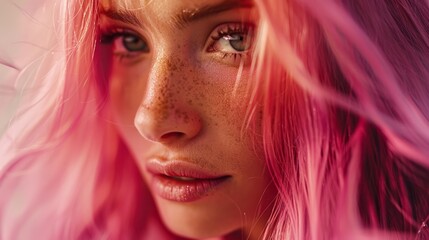 Close-up of a girl's face with unusual pink hair color. The concept of improving the appearance of hair, revealing femininity and attractiveness, and developing the hairdressing business.